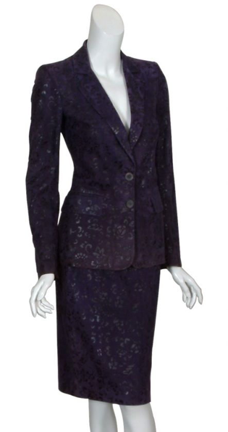 EMANUEL UNGARO Amethyst Leather Embossed Jacket Skirt Suit 2 NEW 