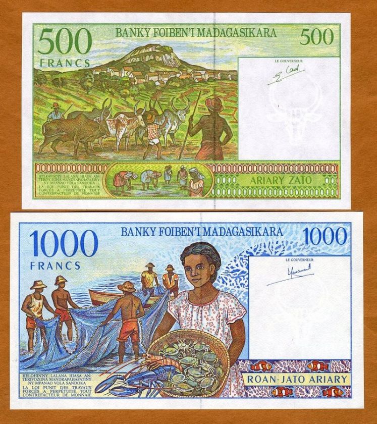 Set, MADAGASCAR, 500;1000 Francs, (1994), P 75;76, UNC  