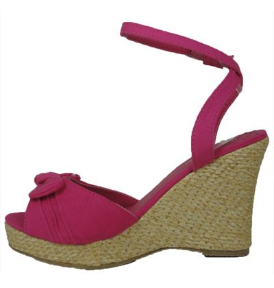 Women Ankle Strap Strappy Bright Pink Wedge Bow Open Peep Toe High 