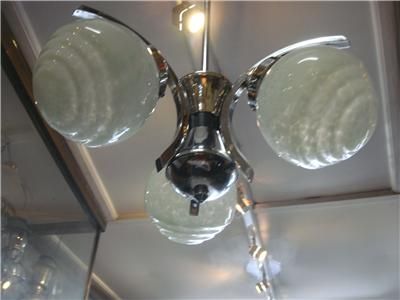 Art Deco Chrome 3 arm Chandelier w Mottled Green Glass Shades C.1930S 