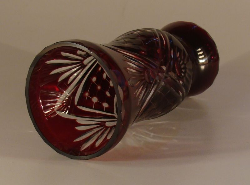 ART DECO BOHEMIAN BLOOD RED CUT CRYSTAL GLASS VASE  