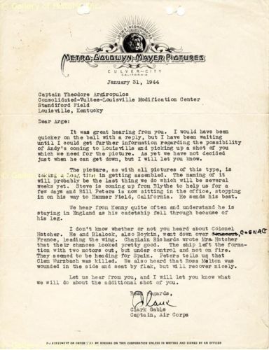 CLARK GABLE   TYPED LETTER SIGNED 01/31/1944  