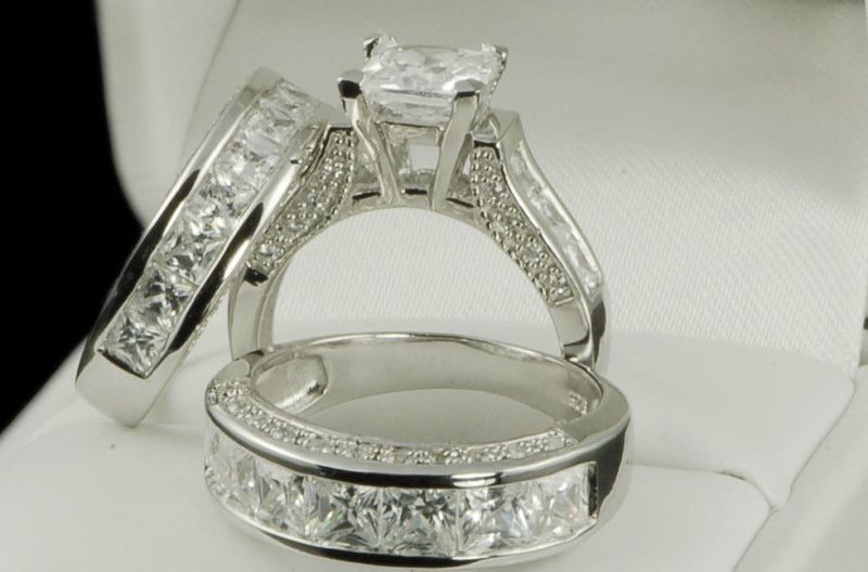 LADIES + MENS BRIDAL ENGAGEMENT BAND TRIO RING SET  