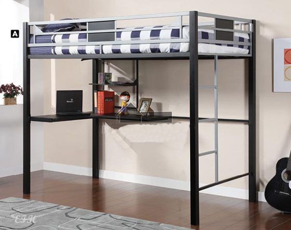 CLIFTON SILVER & BLACK METAL FULL LOFT BED WORKSTATION  