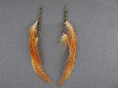 Copper Brown long double feather dangle chain earrings  