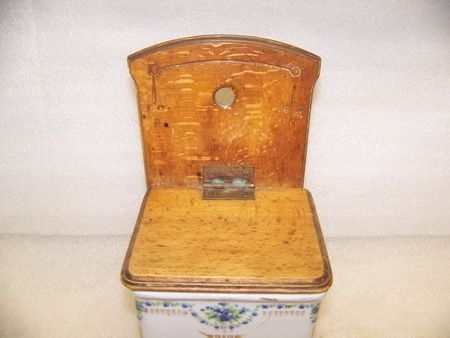 GERMAN ANTIQUE PORCELAIN SALT BOX WOOD LID & BACK  