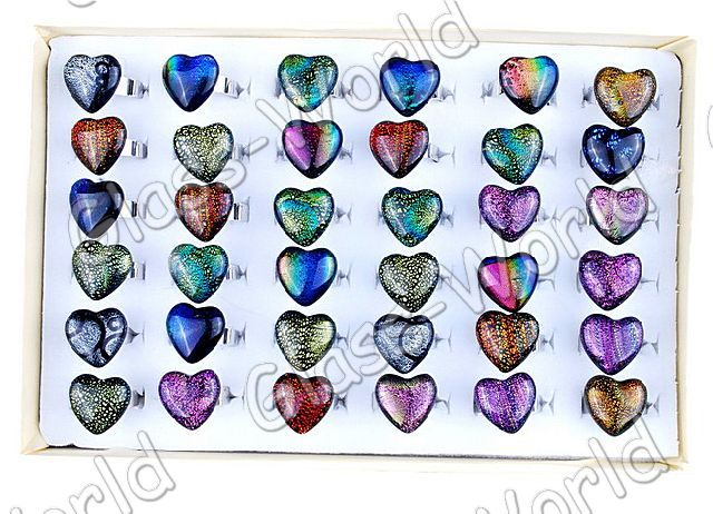 36pcs Heart 19MM Dichroic Foil Glass Adjustable Rings  