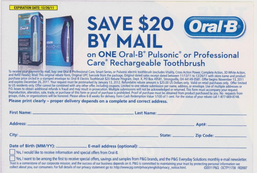 Oral B COUPON Mail In Rebate ~ $20 Pulsonic or Rechargeable Toothbrush 