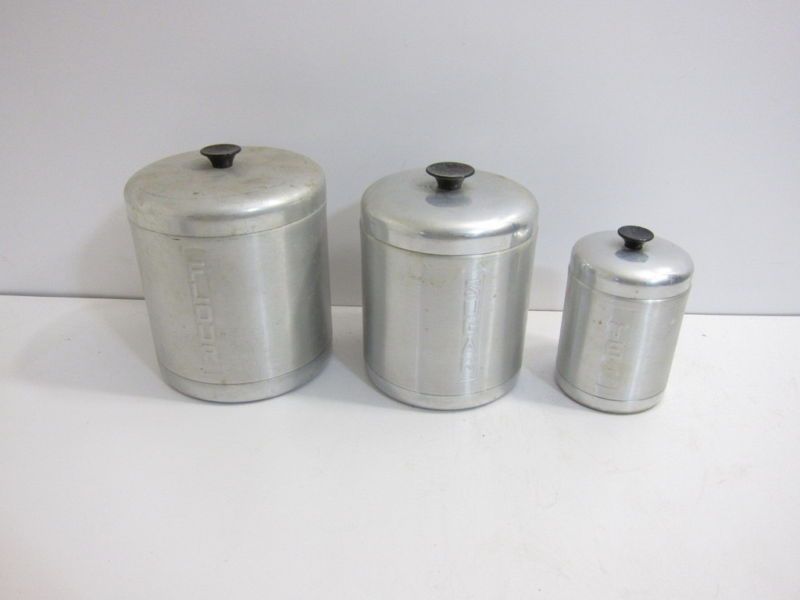 PIECES VINTAGE ALUMINUM CANISTERS FLOUR SUGAR TEA  