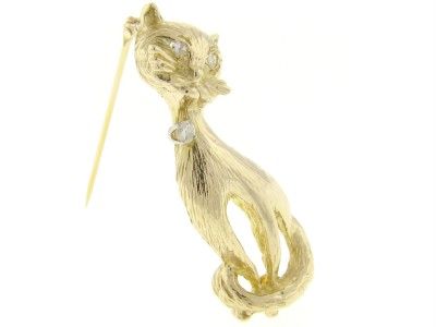 14K YELLOW GOLD DIAMOND CAT BROOCH PIN VINTAGE JEWELRY  