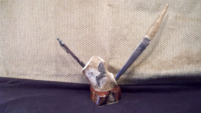 DjwK pen & ink Eagle Pen holder letter opener antler  