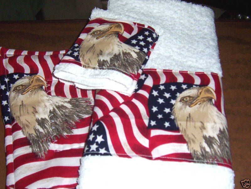 PATRIOTIC FLAG EAGLE DISH TOWELS POTHOLDERS KITCHEN SET  