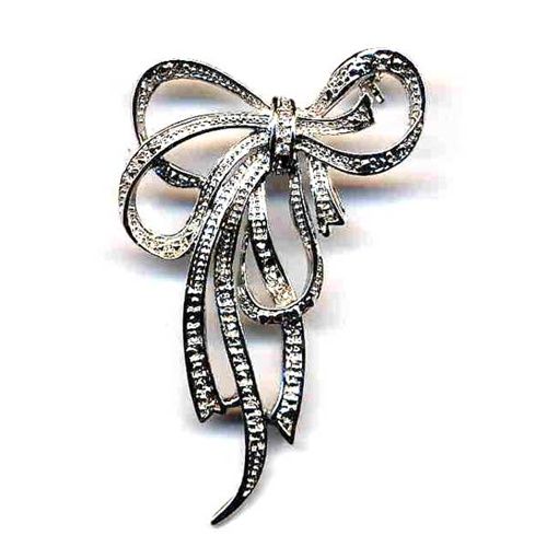 Steling Silver Bow Tie Brooch Pin with CZs  