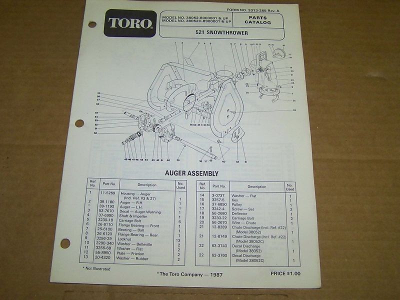 c330) Toro Parts List 521 Snow Thrower 1987  