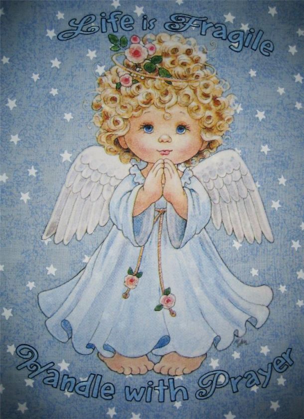 ANGEL PRAYING Blue Fabric Quilt Panel, Stars~Life is Fragile, Handle 