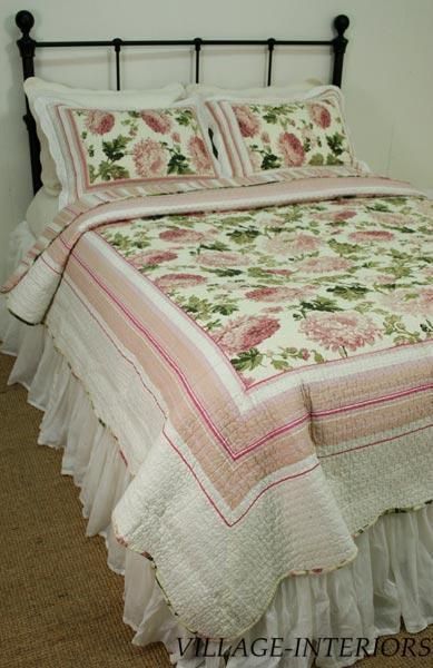 CHIC SHABBY SAGE ROSE PINK PEONY FLORAL & STRIPE KING QUILT SET 100% 