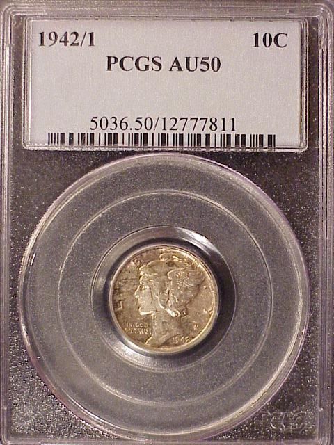 1942/1 10c PCGS AU 50 ~ POPULAR MERCURY DIME VARIETY  