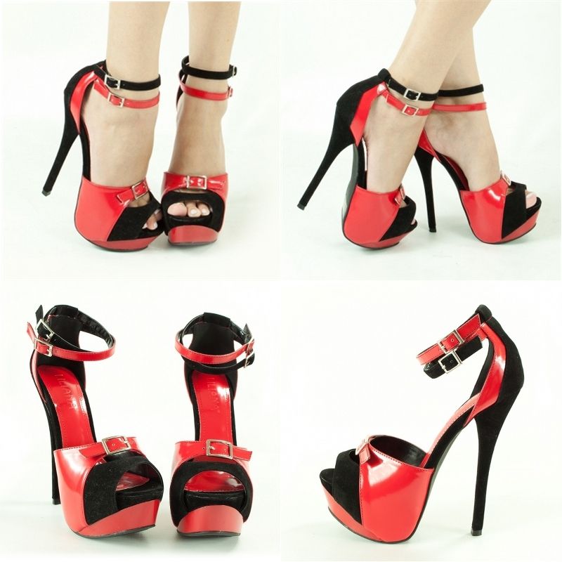 RED/BLK OPEN PEEPTOE 6 HIGH HEEL PLATFORM DOUBLE MARY JANE STILETTO 