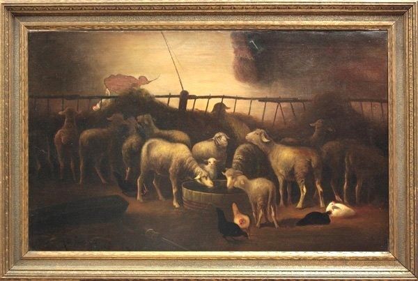 SHEEP IN THE BARNYARD OIL PAINTING HUGH BOLTON JONES  