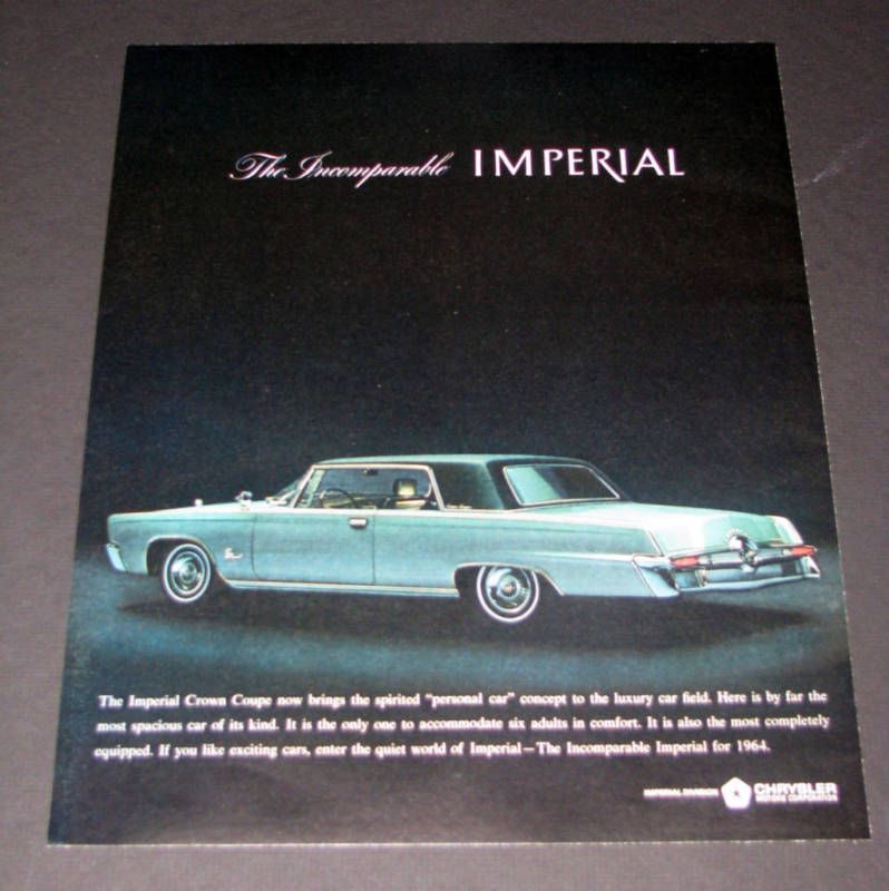 1964 GREEN CHRYSLER IMPERIAL CROWN COUPE PHOTO PRINT AD  