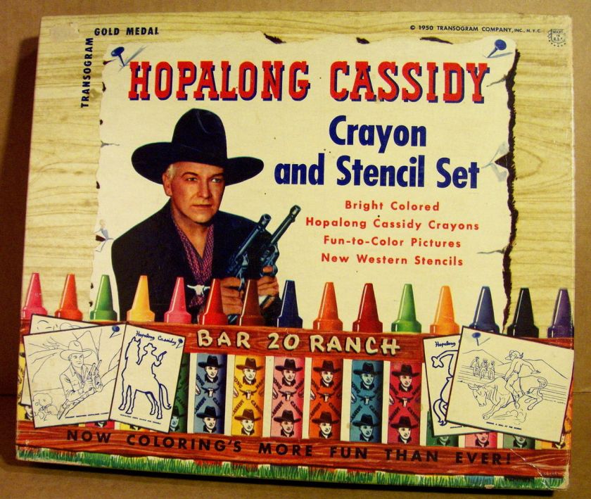 1950 TRANSOGRAM GOLD MEDAL HOPALONG CASSIDY CRAYON AND STENCIL SET 