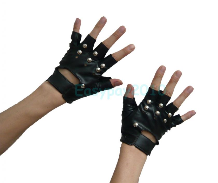 Black Mens PU Leather Rivets Half Gloves Punk Sports  