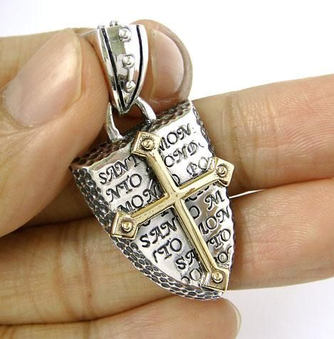 GOLD KNIGHT SHIELD CROSS STERLING 925 SILVER PENDANT  