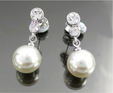 11MM WHITE PEARL 18K WGP BRIDAL WEDDING DROP EARRINGS  