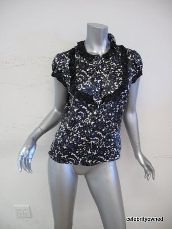 Milly Blue/White Floral Print Button Down Ruffle Top S  
