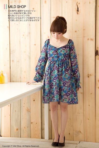 Womens Japanese Korean Fashion Style fit Slim Flower Long Sleeve Dress 