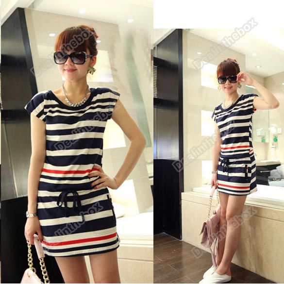   Round Neck Navy Strip Slim Short Sleeve T shirt Dress Skirt top  