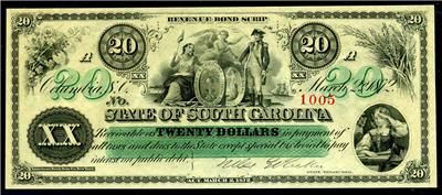 HGR 1872 $20 State of South Carolina GEM UNCIRCULATED  