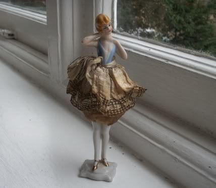 Old Antique Art Deco German Porcelain Hat Pin Cushion Half Doll Legs 