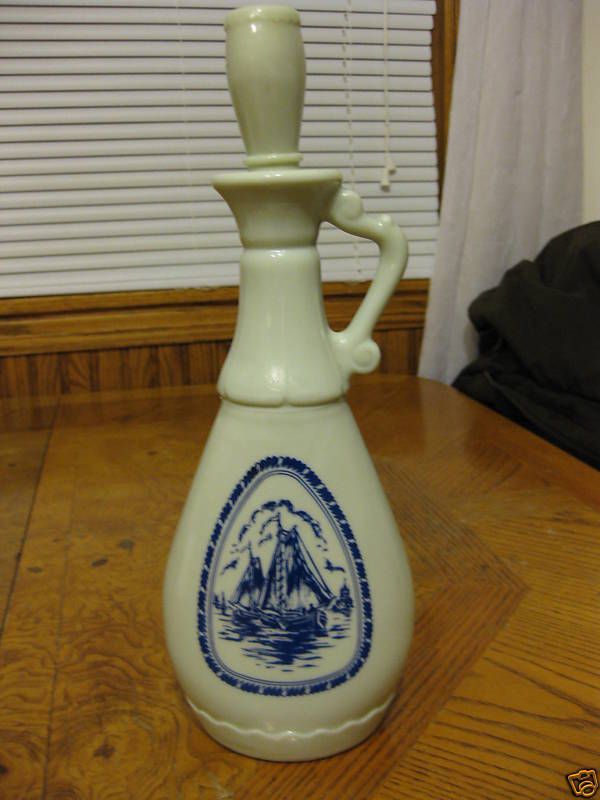 ANTIQUE MILK GLASS DECANTER BOATS WINDMILLS DUTCH BLUE  