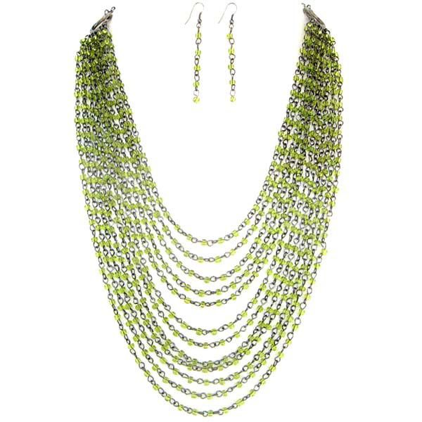 GREEN BEADS BEADED LAYERED FASHION NECKLACE EARRINGS  