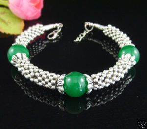 NEW Tibet Silver GREEN Jade Bead Bracelet handmade  