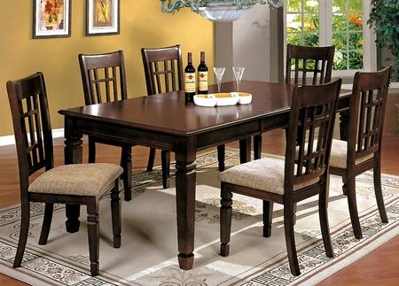   Dark Cherry Wood Dining Table Fabric Chairs 7 Pc Set Furniture  