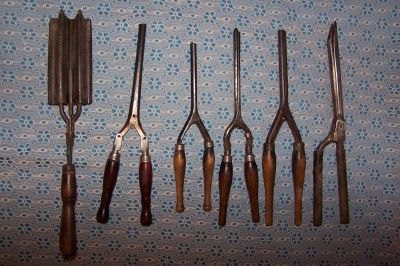 ANTIQUE SIX CURLING IRONS METAL ROD WOODEN HANDLES  