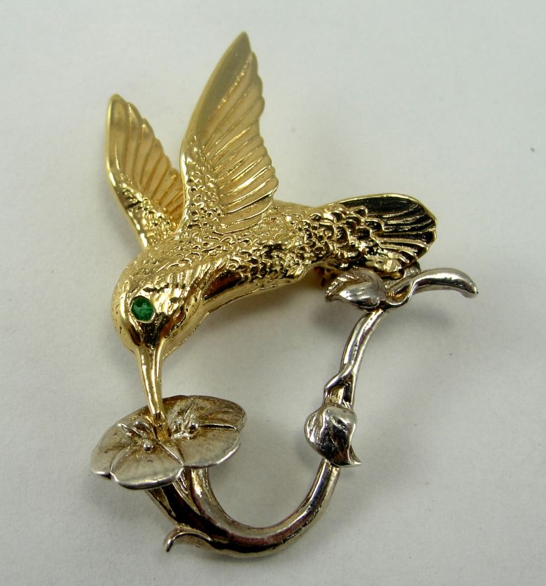 Sterling 14K Pin Brooch Yellow Gold Hummingbird Silver Trumpet Flower 