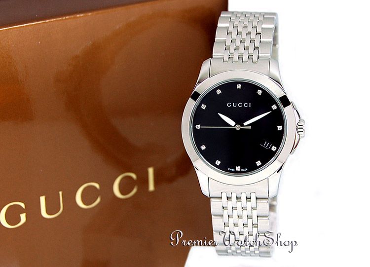 NEW GUCCI 126 G TIMELESS DIAMOND YA126505   STEEL / BLACK DIAL LADIES 