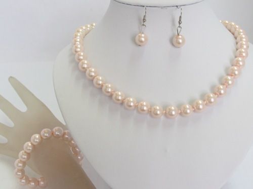 NEW Baby Pink Pearl Necklace Bracelet & Ear Ring Set    