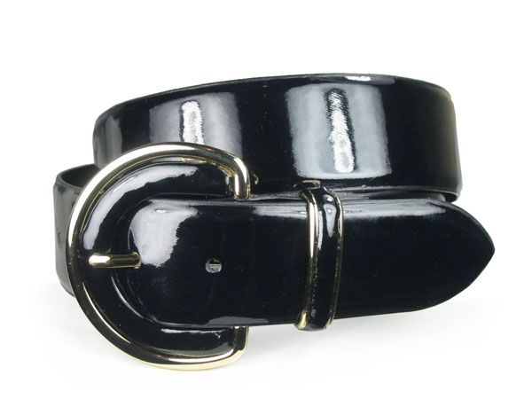 Ladies Round Gold Buckle Feather Edged Patent Leather Belt  