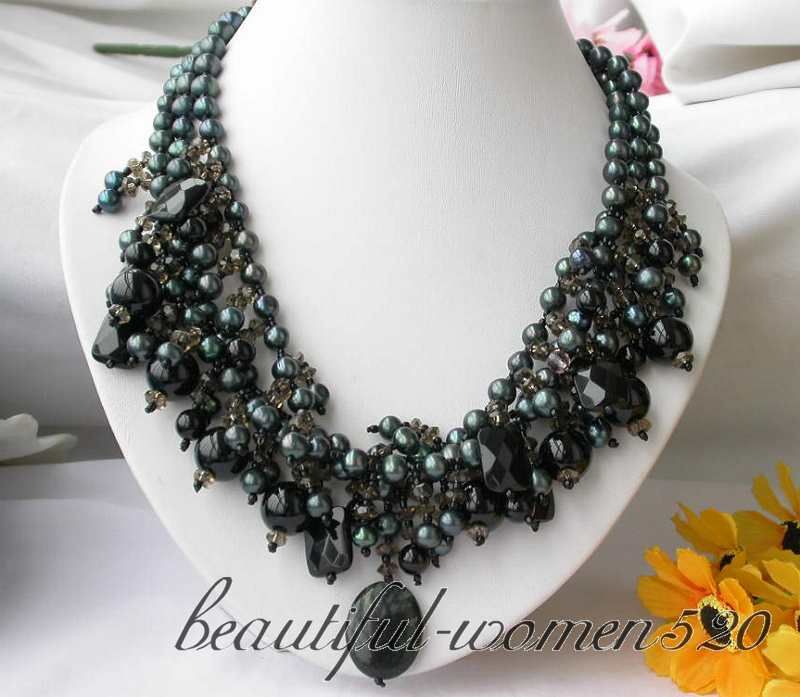 3row 18 black round freshwater pearl agate necklace  