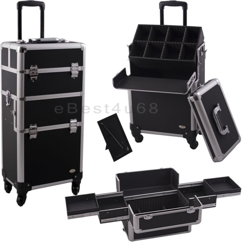 Pro Makeup Train Case Artist Rolling Aluminum CR3 Black 4 WHEELED 