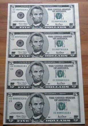 RARE Uncut Sheet of (4) Legal US $5 Five Dollar Currency Notes  