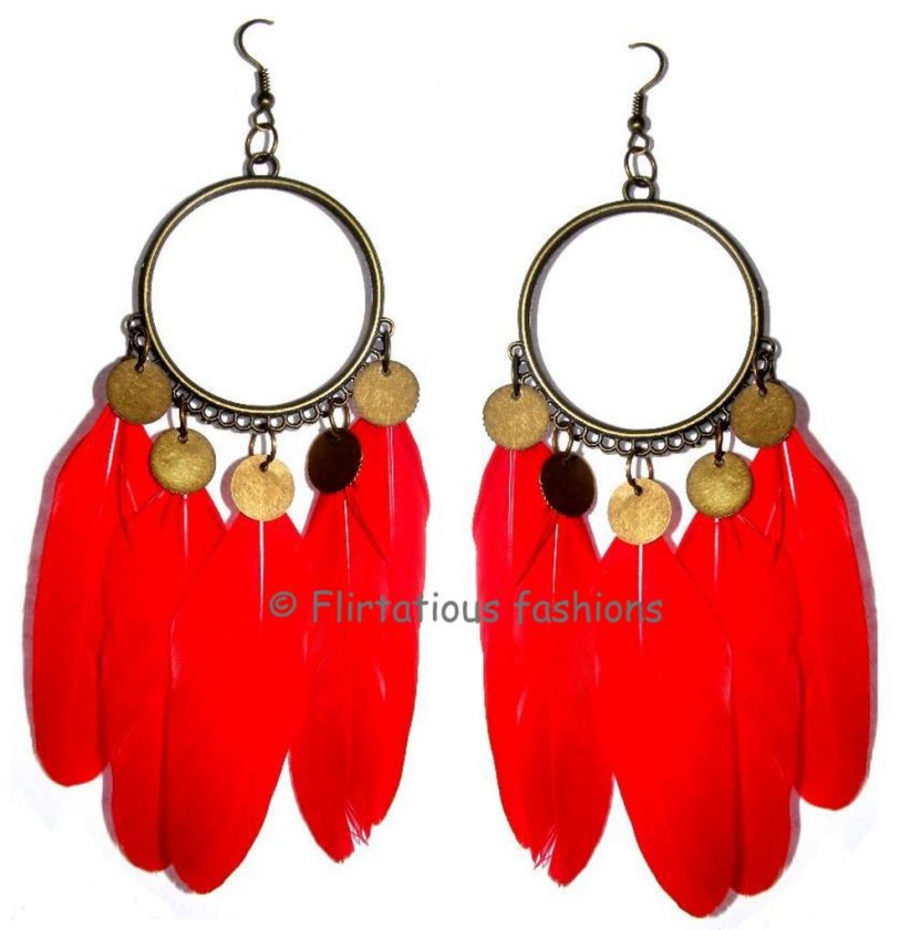   FEATHER LONG DROP HOOP CHANDELIER EARRINGS GOLD BLACK BLUE OR RED