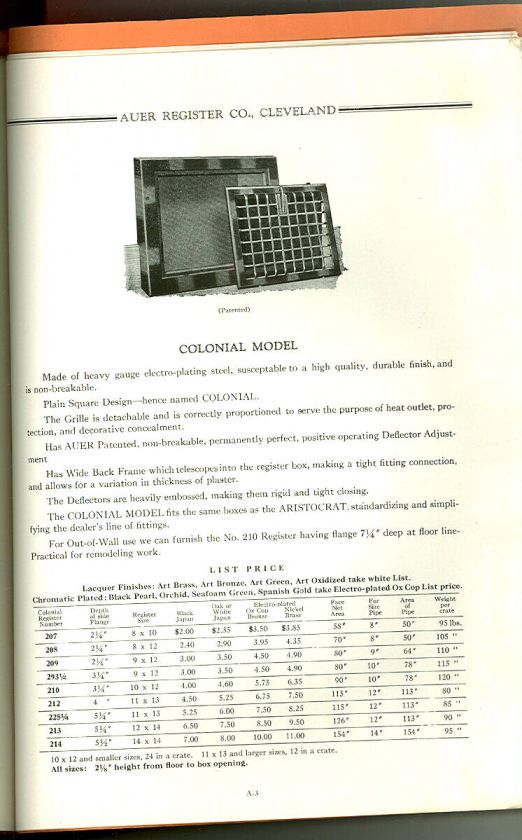 1932 CATALOG AUER REGISTER  AIR CONDITION GRILLES  HEAT  