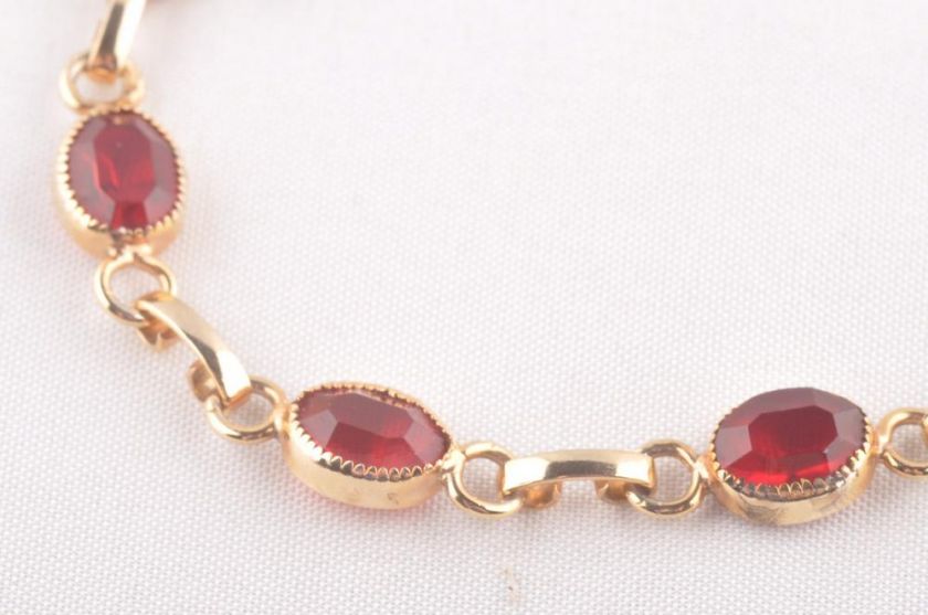 Vintage Red Ruby Glass Stone Gold Chain Link Bracelet  