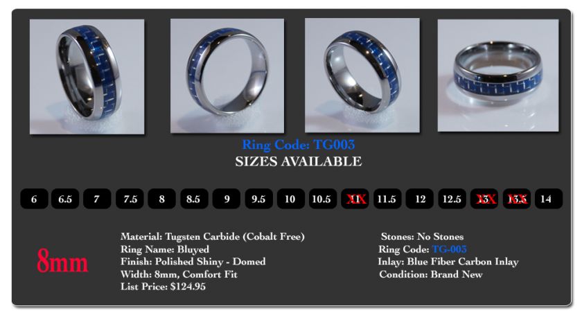 8MM Tungsten Carbide Men Elegant Blue Ring Wedding Band   Sizes 6 to 