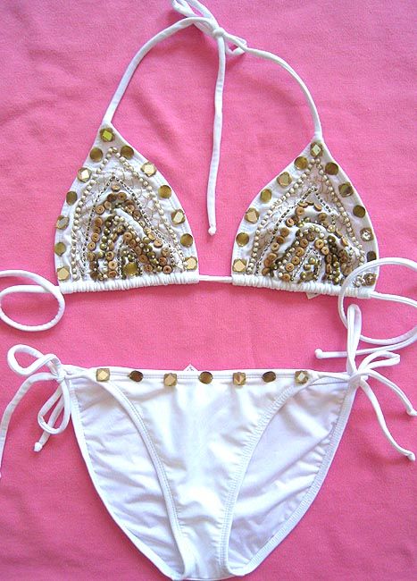   SWIMWEAR WHITE JEWELED BIKINI SWIMSUIT BATHING SUIT SZ S M  